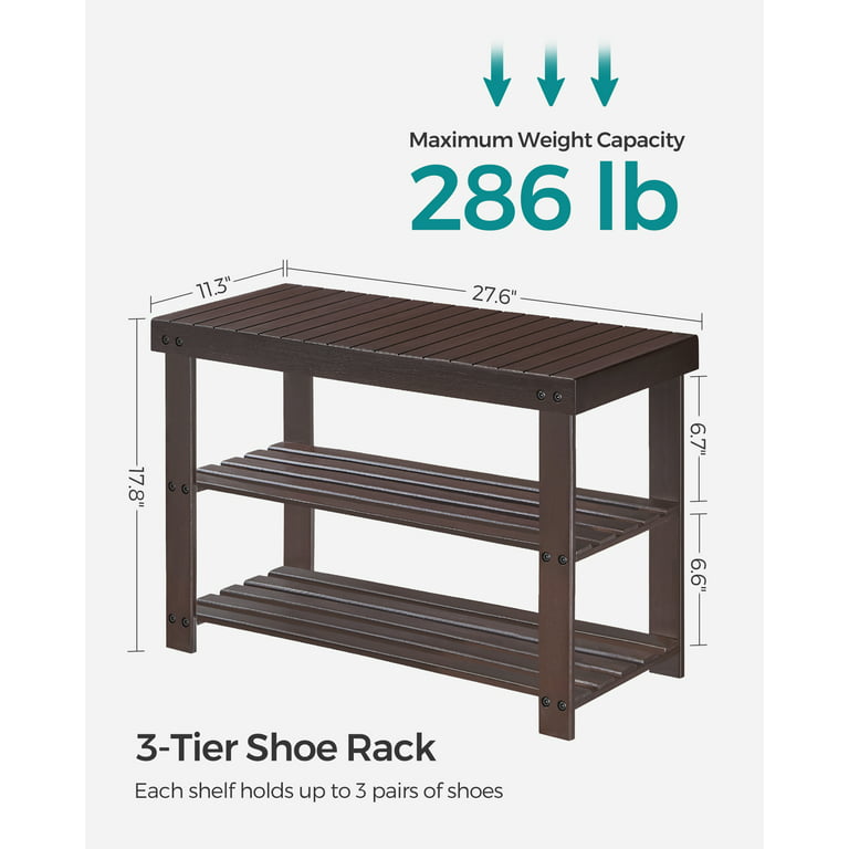 17 in. H 5-Pair Brown Wood Shoe Rack Bench 3-Tier Storage Shelf