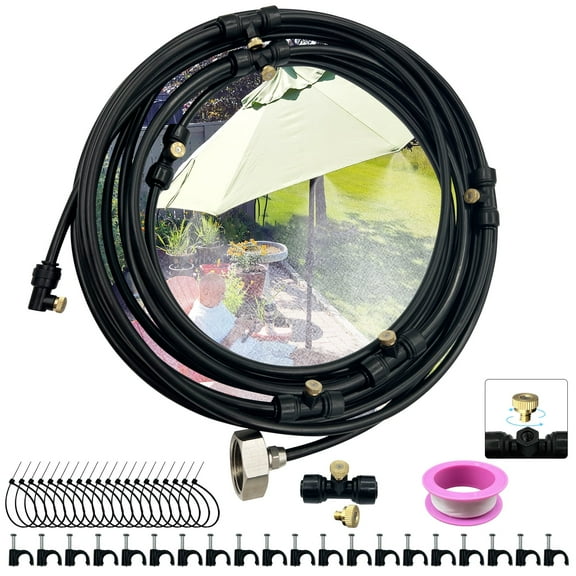 Rirool 26FT Outdoor Mister System with 15 T-Joints & Hose Cutter, Cooling Mist for Patio, Backyard, Trampoline, Deck & Porch Black