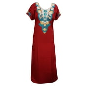 Mogul Womens Caftan Nightdress Red Embroidered Kaftan Maxi Lounger Dress M