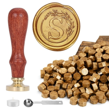 Letter Wax Seal Kit, Vintage Initial Alphabet S with Wreath Sealing Stamp and 120 Antique Gd Beads