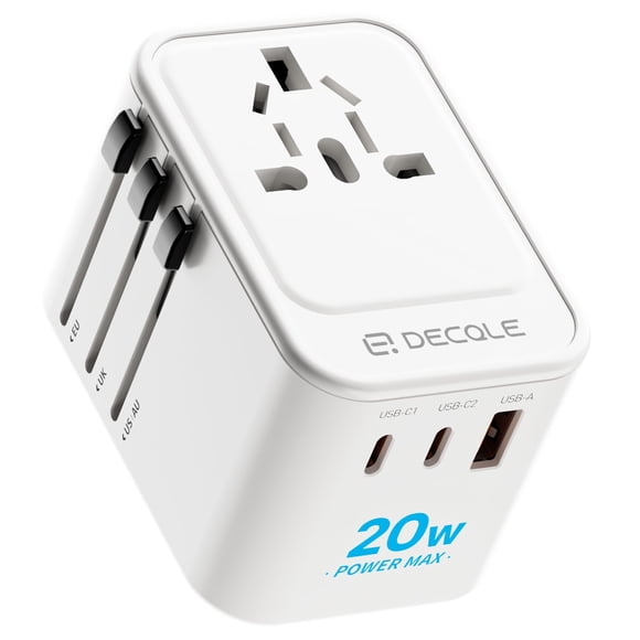 Adaptador de viaje decable universal con 2 USB-C (PD de 20 W) y 1 USB-A