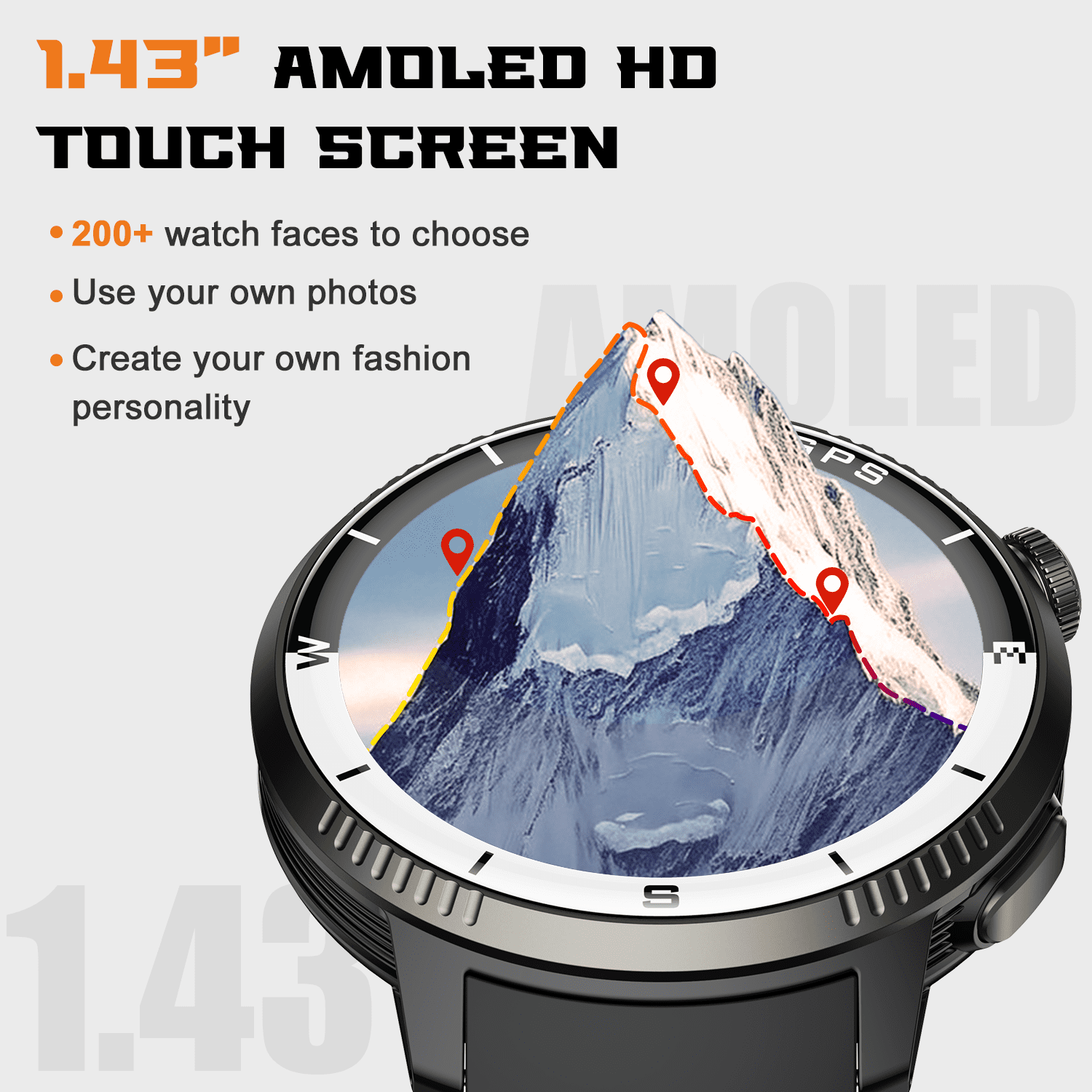 GPS Smart Watch(Answer/Make Call), Smartwatch for Men Women, 1.43"HD AMOLED Display, Fitness watch with 170+ Sport Modes, IP68 Waterproof/Pedometer, Activity Tracker for Android iOS
