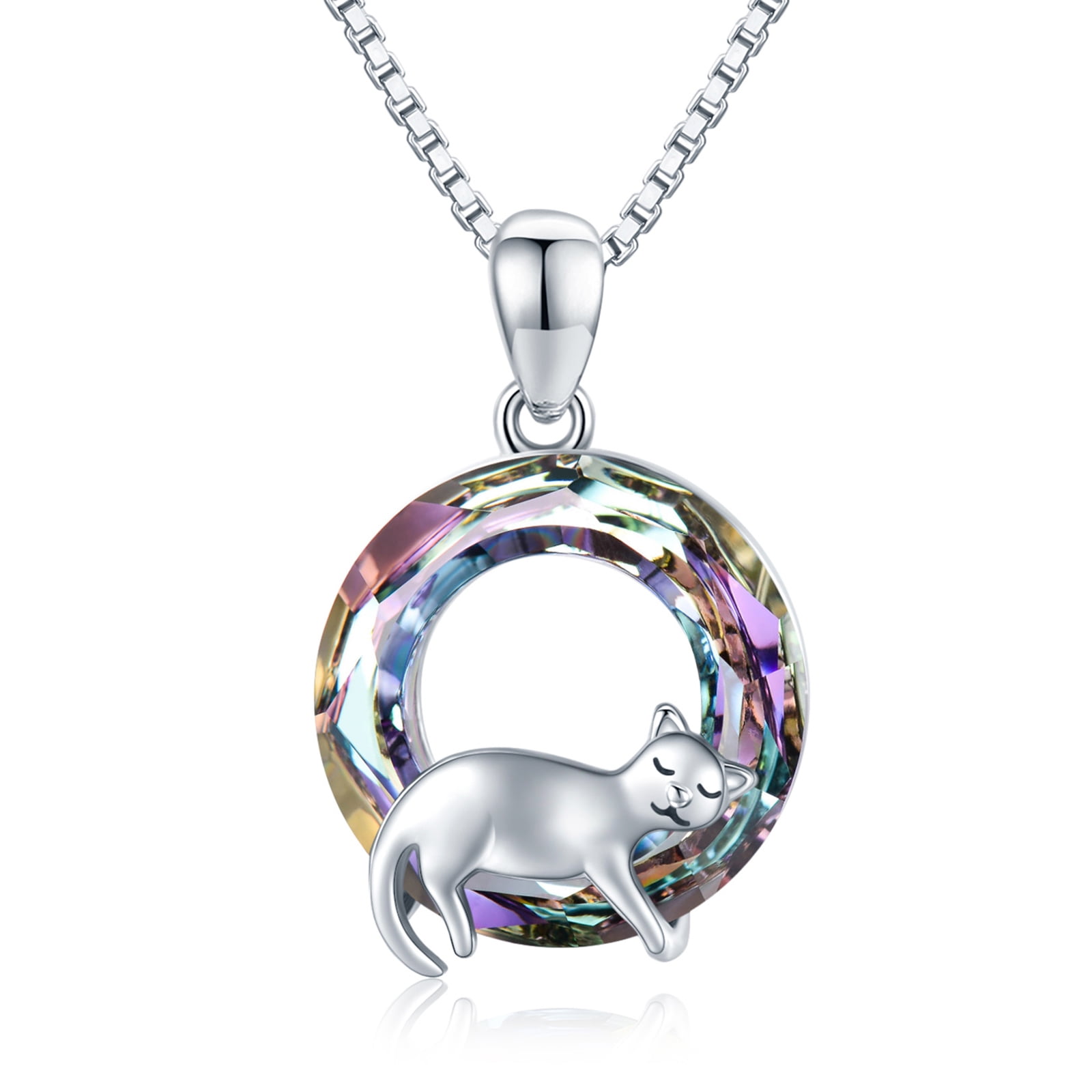 Coachuhhar Cat Crystal Necklace 925 Sterling Silver Cute Animal Pendant