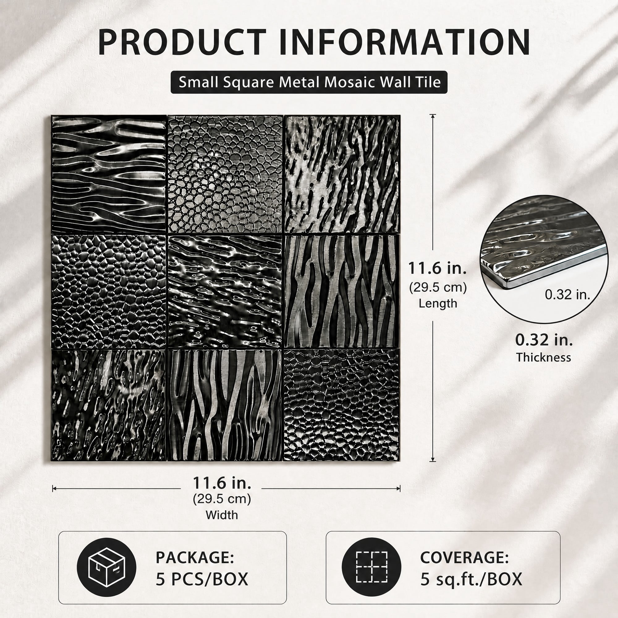 Easy4Home 5Pcs 12"x12" Metal Wall Panels Morden Mosaic Tiles for Interior Wall Decor, Black