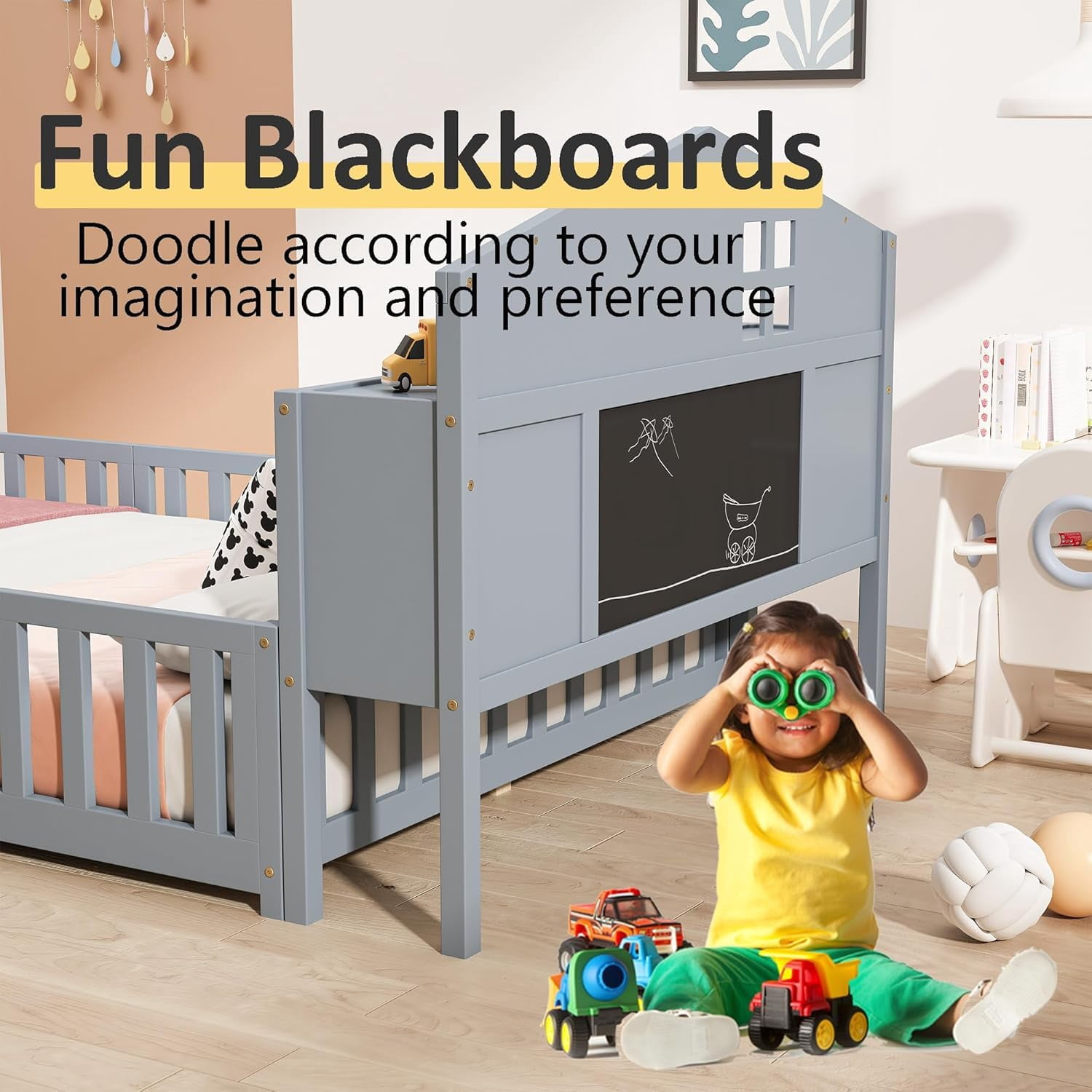 Mirightone Full Montessori Floor Bed with Storage Headboards and Guard rails, Montessori Bed Frame with Blackboards for Kids Teens, Gray