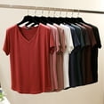 thumbnail image 3 of Plus size V-Neck Tshirt Women Summer Loose Tees Modal casual T-shirt Solid color Bottoming Tee Tops, 3 of 7