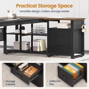 71 L Shaped Executive Desk with Power Outlets, Modern Office Desk with File Drawers and Pegboard, Large Computer Desk, Walnut