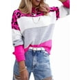 thumbnail image 2 of Suéter de Rayas con Estampado de Leopardo para Mujer, Cuello Redondo, Larga, Tejido, Bloque de Color Rosa Roja M, 2 of 8