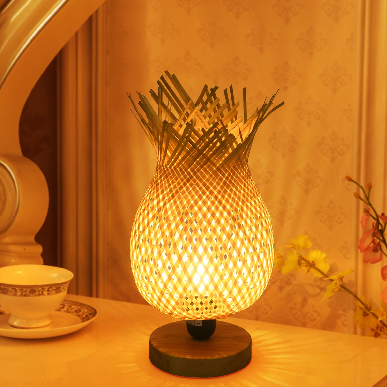 Asian Oriental Wood Lamp Shade Thai Vintage Orange Bamboo Sun Set Handmade Paper 