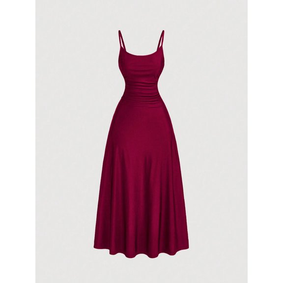 Burgundy Waist Ruched A-Line Slip Dress For Women, Tea-Length Summer Swing Dress