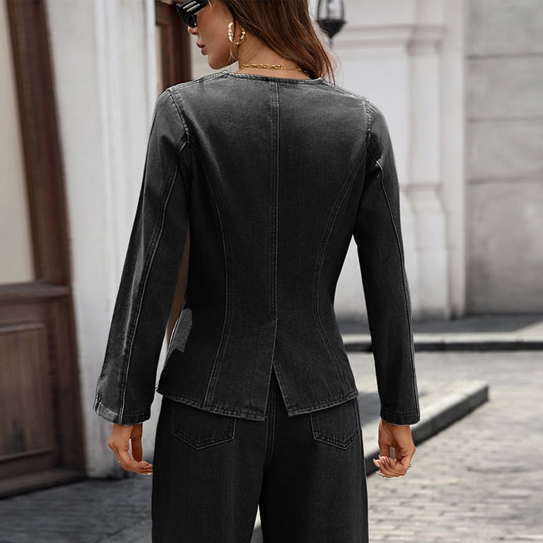 Women's Peplum Hem Jean Jacket - Collarless Denim Blouse With Puff Long Sleeves & Button Down