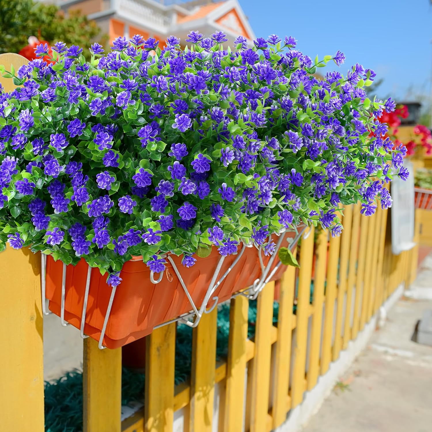 8 Bundles Purple Artificial Flowers Outdoor Fake Flower Plastic UV Resistant Shrubs Greenery Plants Hanging Decorations Garden Porch Window Box Farmhouse Outside Summer Indoor Decor