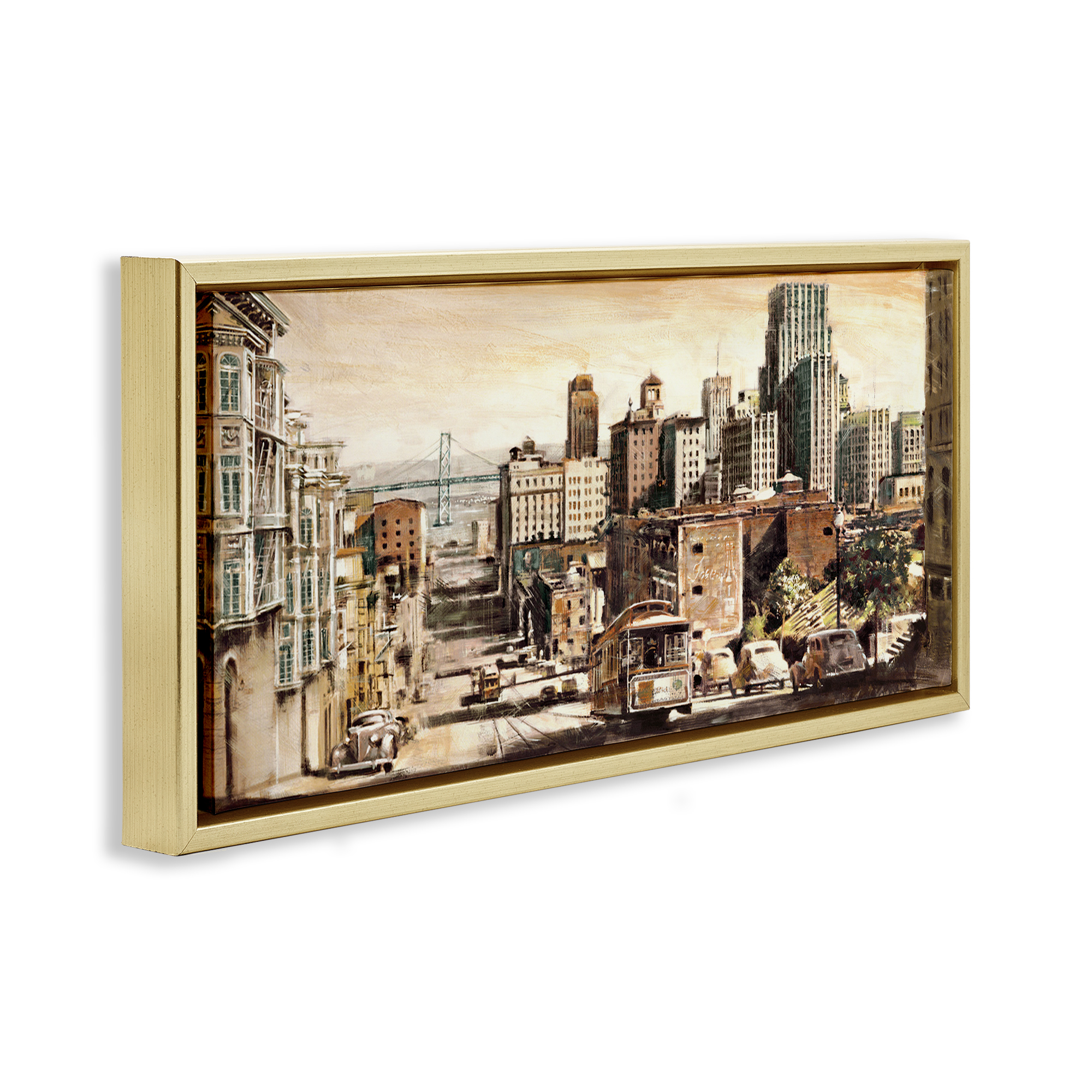 Stupell Industries Industrial City Scene Scenery Painting Gold Floater Framed Art Print Wall Art, 31 x 14