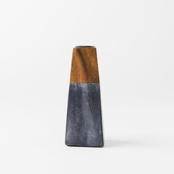 Mela Artisans Tapered Black Marble & Acacia Sculptural 9" Candleholder