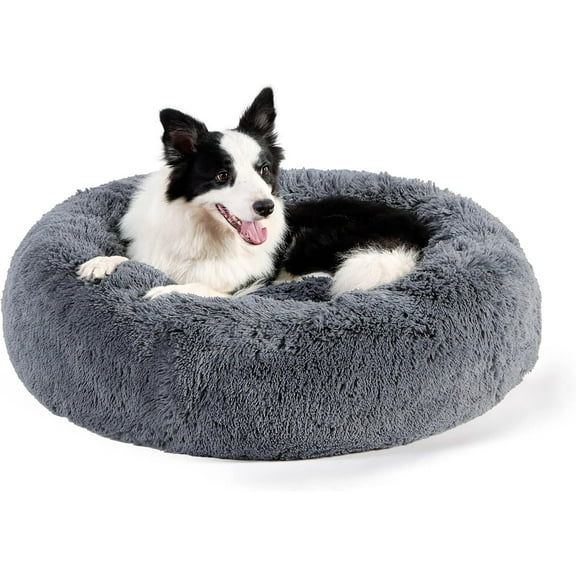 Anti-Anxiety Donut Bed for Medium Dogs - 31.5" Machine Washable Faux Fur Pet Bed with Non-Slip Base, Calming Cuddle Nest for Cats & Puppies Up to 48 lbs, Grey