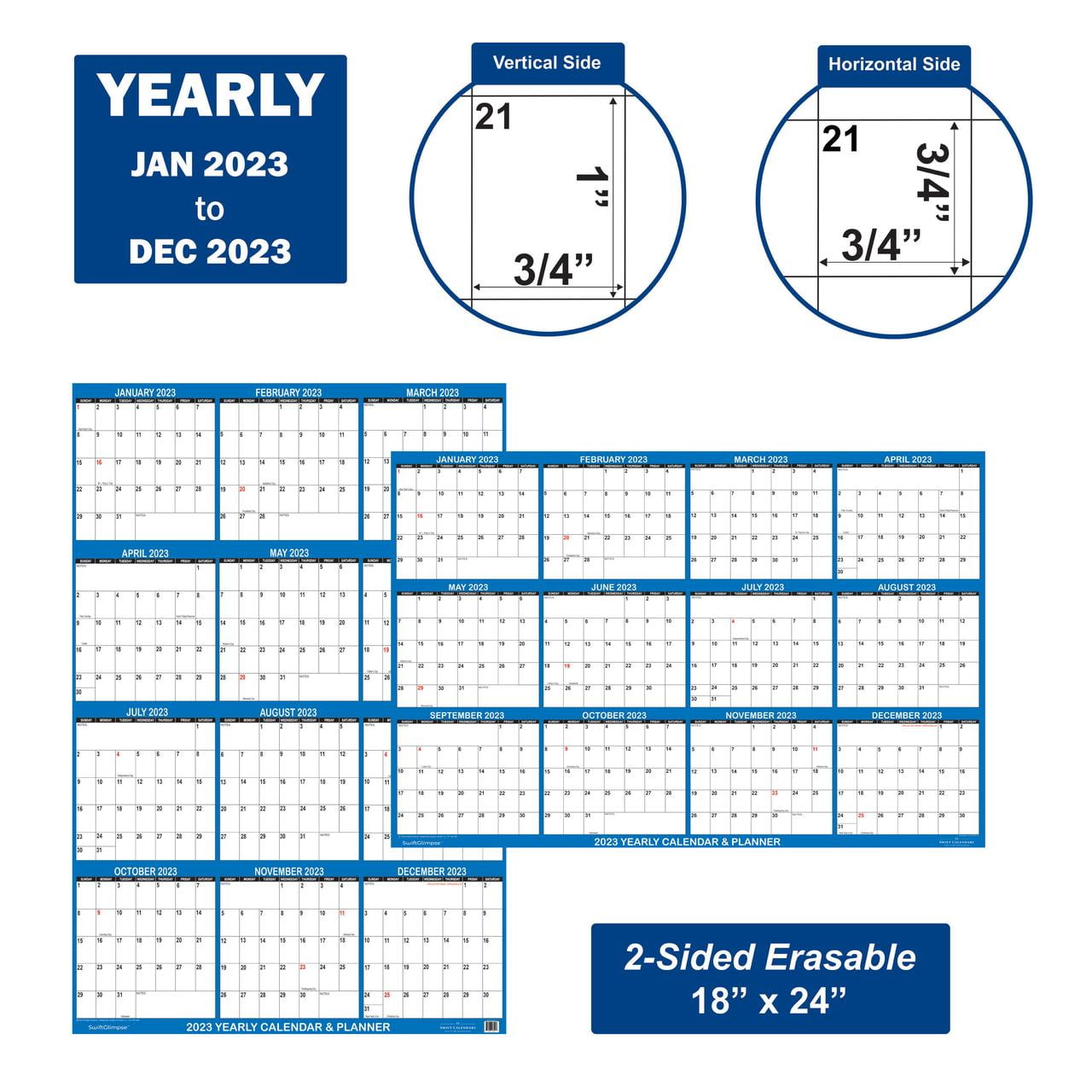 SwiftGlimpse 18" x 24" Yearly 2026 Wall Calendar, Erasable, Reversible, Horizontal-Vertical, Blue