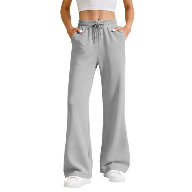 Amzcrzy Pantalones de Sudadera para Mujer de Pierna Ancha Suaves - Pantalones Casuales de Cintura Alta con Cordón Elástico, Color Sólido Clásico, con Bolsillos y Corte Acampanado, Tallas S-2XL Gris