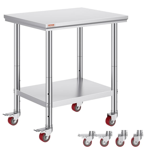 VEVOR Stainless Steel Work Table 30 x 24 x 33 Inch, 700 LBS Load Capacity with 4 Wheels, 3 Adjustable Height Levels, Heavy Duty Food Prep Worktable for Commercial Kitchen Restaurant, Silver