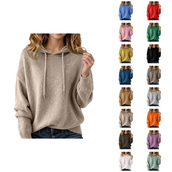 Sweater Hoodies for Women 2025 Fall Winter Long Sleeve Plain Knitted Hooded Sweatshirt Pullover Tops