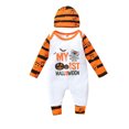 thumbnail image 1 of FOCUSNORM Halloween Pumpkin & Letter Print Long Sleeve Jumpsuit + Striped Cap, 1 of 9