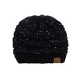 thumbnail image 3 of C.C BeanieTail Sparkly Sequin Cable Knit Messy High Bun Ponytail Beanie Hat, Black/Silver, 3 of 4