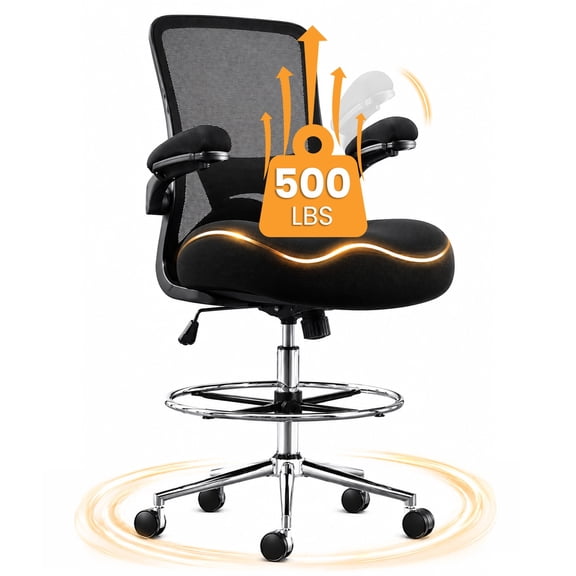 JONPONY 500lbs Big and Tall Office Chair with W-Shape Thicken Cushion, Ergonomic Office Chair with Flip-up Armrests, Breathable High Back Office Chair, Extra Wide Seat, Padded Armrests, Black