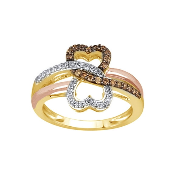 AFFY Brown & White Natural Diamond Two-Tone Double Heart Ring In 10k Yellow Gold (0.375 Cttw)