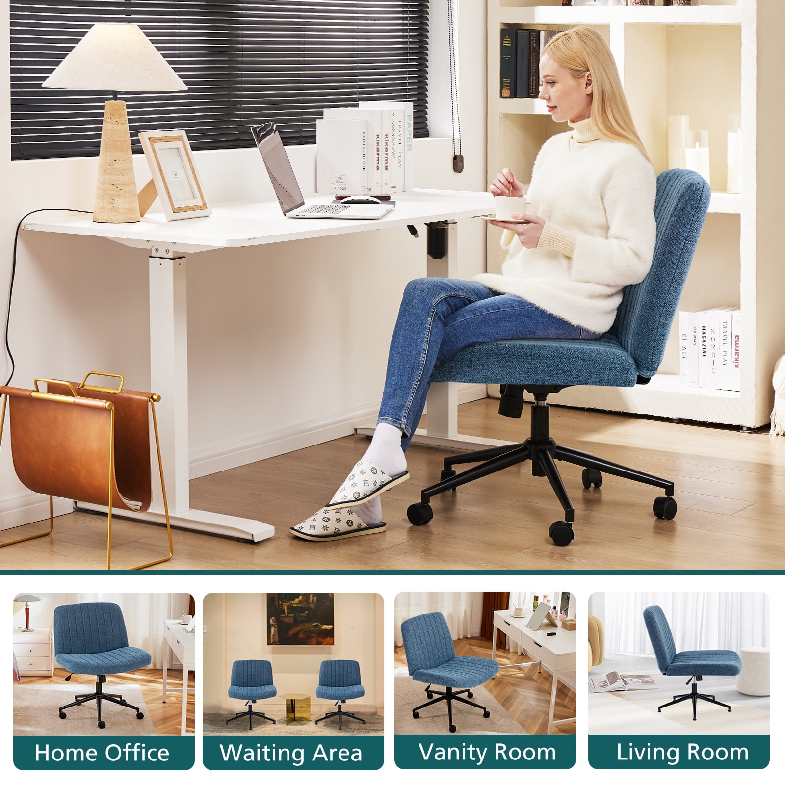 JIOABL Criss Cross Chair with Wheels,Wide Seat Ergonomic Desk Chair,U Shaped Backrest,Height Adjustable Armless Swivel Chair for Home Office,Vanity & Living Room,Linen Blue