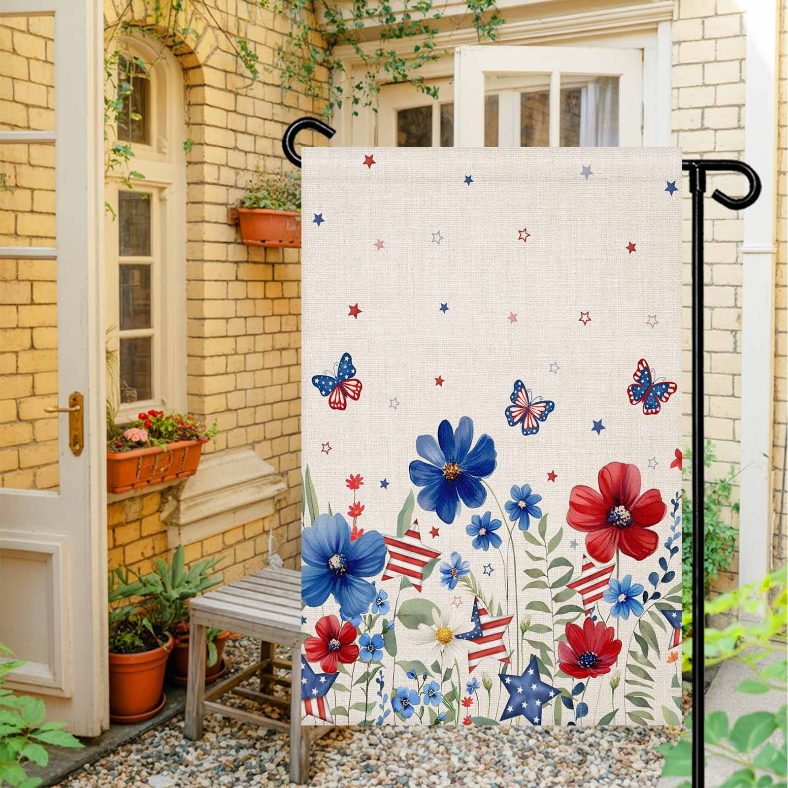 4th of July Garden Flags American Flag Butterfly Garden Flag Double Sided Welcome Flag Red Blue Flowers Linen Independence Day Yard Flags for Outdoor Lawn Porch Memorial Day Holiday Decor 28x40 Inch