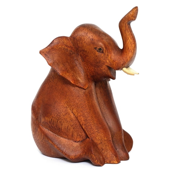 Wooden Hand Carved Sitting Elephant Statue Figurine Sculpture Art Decorative Rustic Home Decor Accent Handmade Handcrafted Decoration Wood