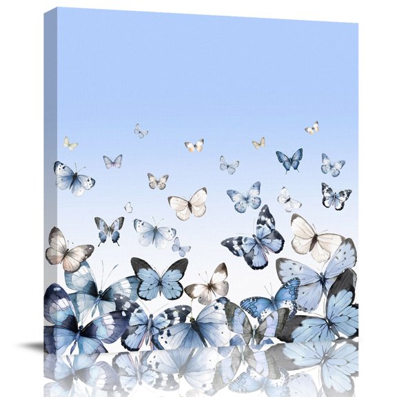 Wall Art Prints, Blue Butterflies Framed Canvas Prints for Bedroom Living Room Bathroom Office, Elegant Pastoral Watercolor Gallery Wrap Wall Art Poster for Gifts Home Decor 12"x12"