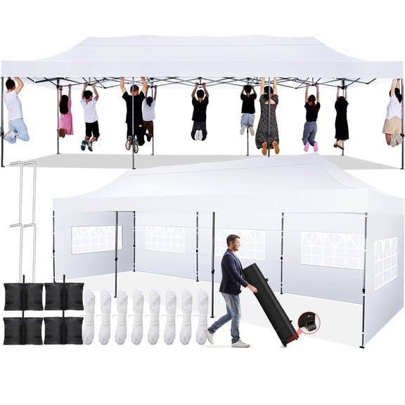 SANOPY Heavy Duty 10'x 30' Pop up Canopy, Commercial Canopy, Waterproof Outdoor Party Tent, Instant Wedding Canopy with 8 Removable Sidewalls, Carrying Bag, 147Ibs, White
