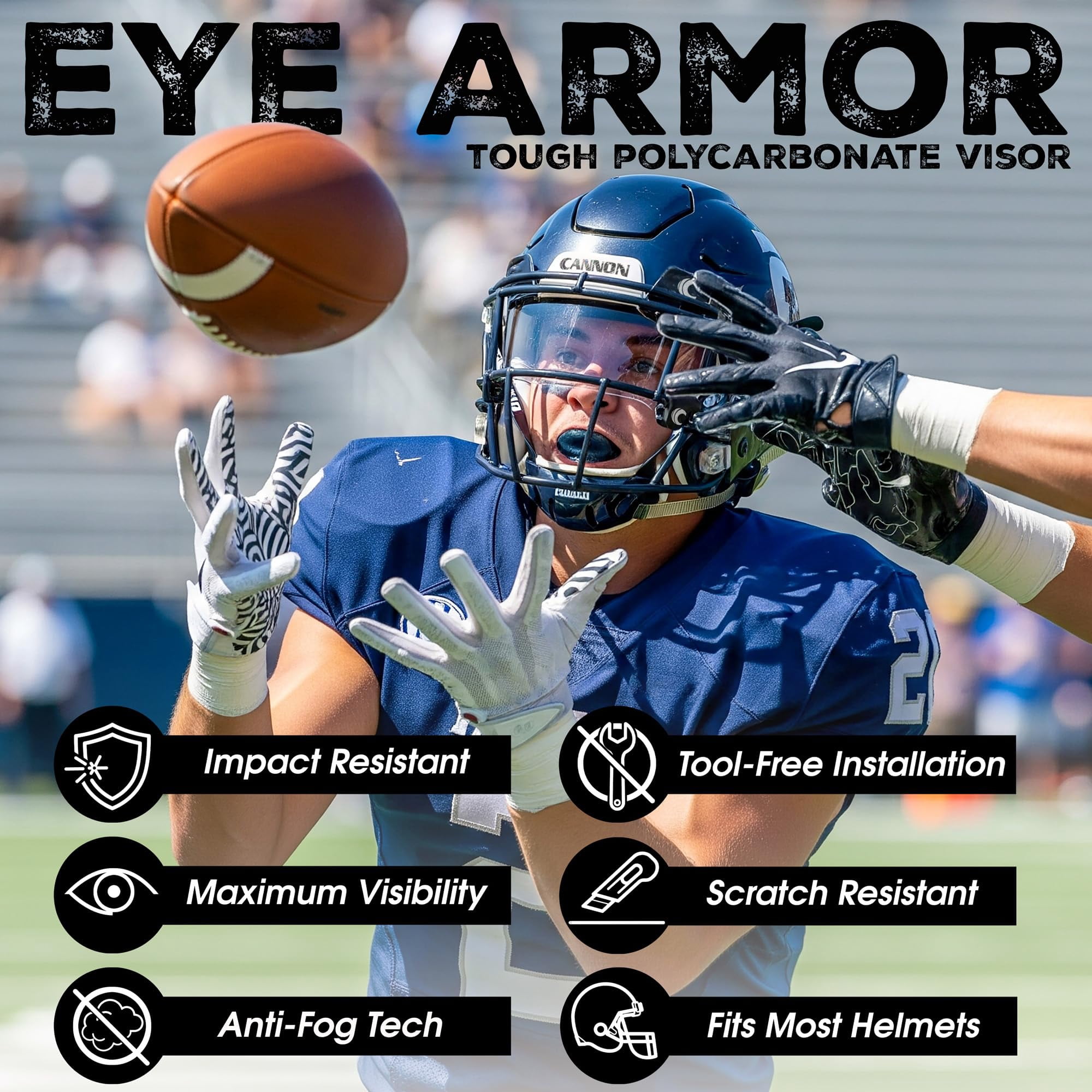 Cannon Sports Football Visor - Flat Lens Technology, Anti-Fog, UV Protection & Scratch-Resistant - Fits Adult & Large Youth Football Helmets (Clear)