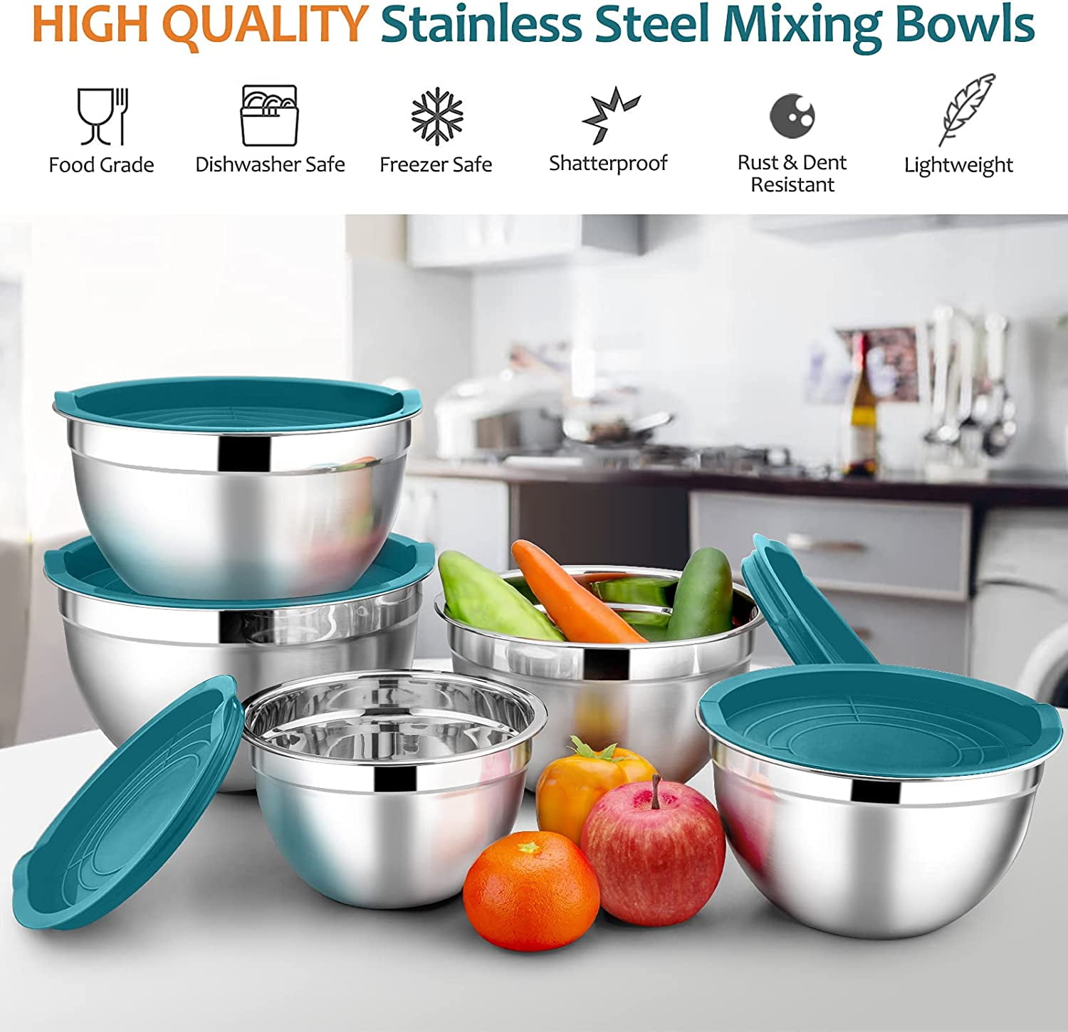 weltonhm Mixing Bowls Set of 3 Stainless Steel Bowl with Lids Set, Nesting  Bowls with Graters Airtight Lids for Cooking, Baking, Prepping(Green)