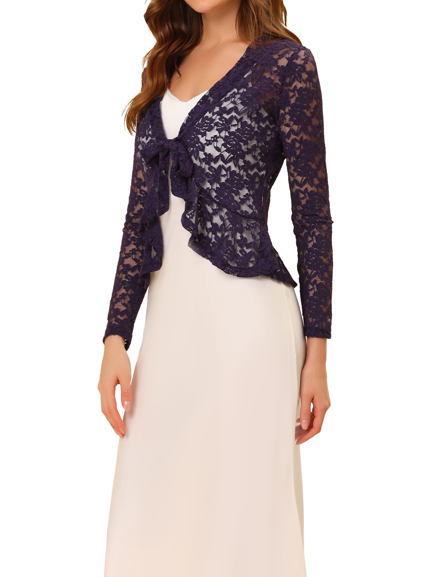 DARING DIVA Women's Ruffled Hem Floral Lace Crop Shrug Cardigan L Purple