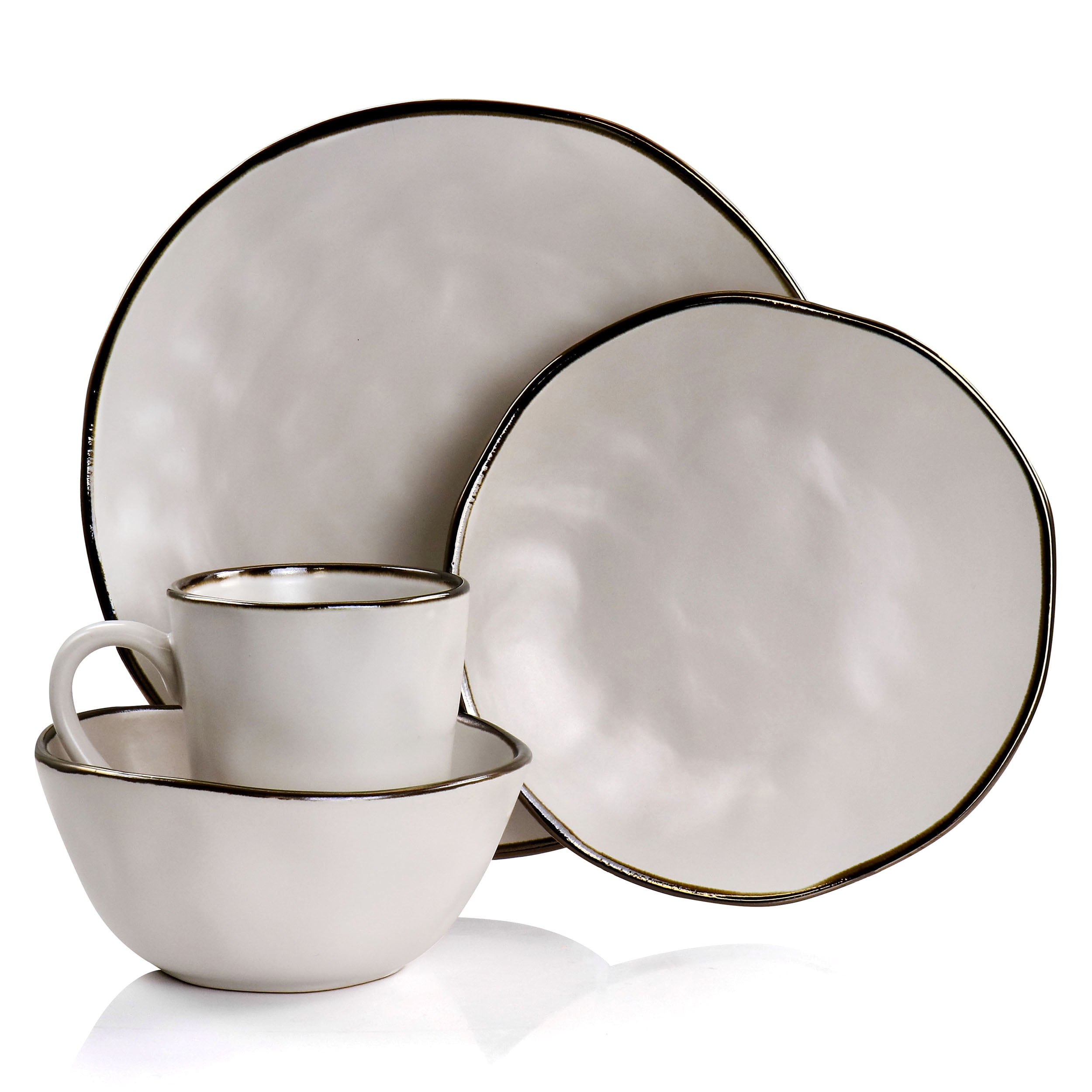 Elama Modern 16 Piece Stoneware Dinnerware Set in Matte White with Gold Rim