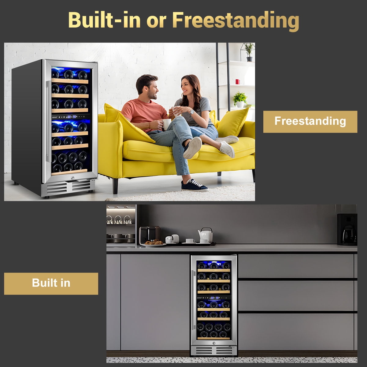 15 Inch 30 Bottle Dual Zone Wine Refrigerator Mini Wine Cooler Built-in and Freestanding with Built-In Light and 2 Type Handle Classic Series