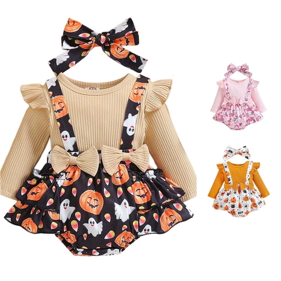 Byoo Girl's Halloween Pumpkin Ghost Star Print Jumpsuit Long Sleeve Crew Neck Onesies Daily Matching Hats,Red
