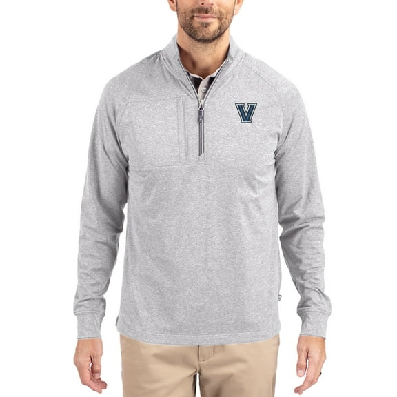 Women's-Cutter & Buck  Heather Gray Villanova Wildcats Adapt Eco Knit Stretch Recycled DryTec Raglan Quarter-Zip