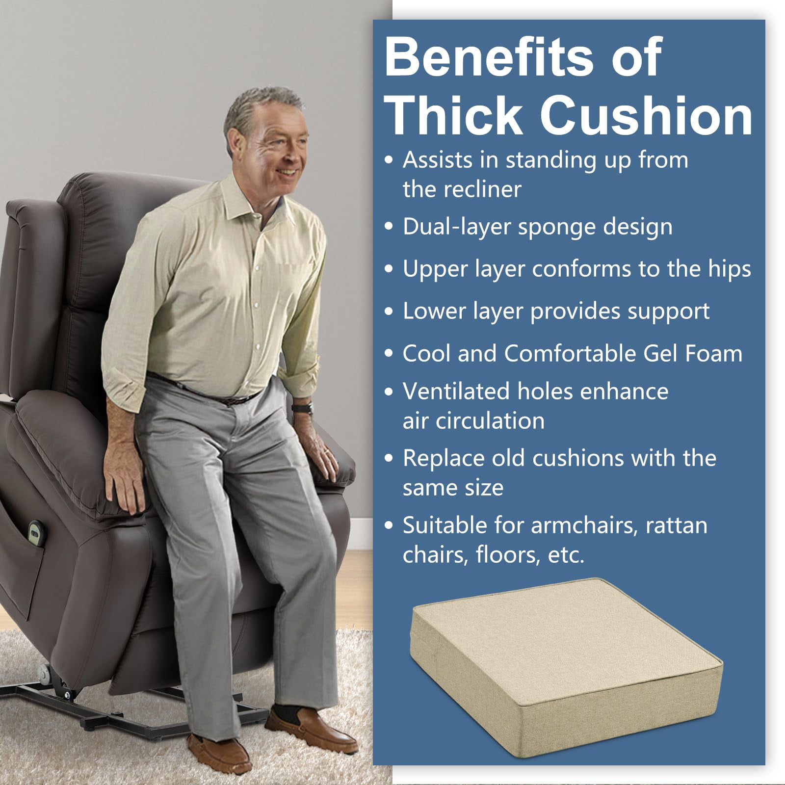 Shinnwa Large Recliner Cushion for Elderly 20 x 20 x 5 Inches Dual-layer Memory Foam Seat Cushion Riser Chair Cushion for Couch Armchair, Beige