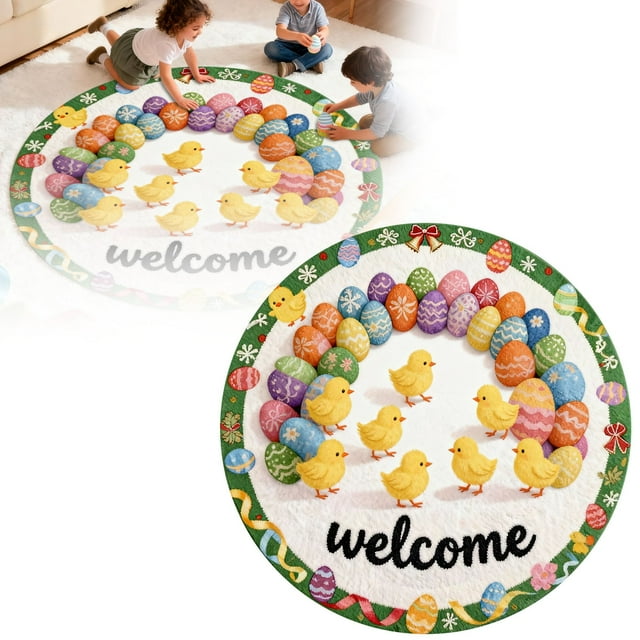 Tapis de Bienvenue Lapin de Pâques Rond Absorbant Durable Intérieur Extérieur Tapis Décoratif pour les Fêtes