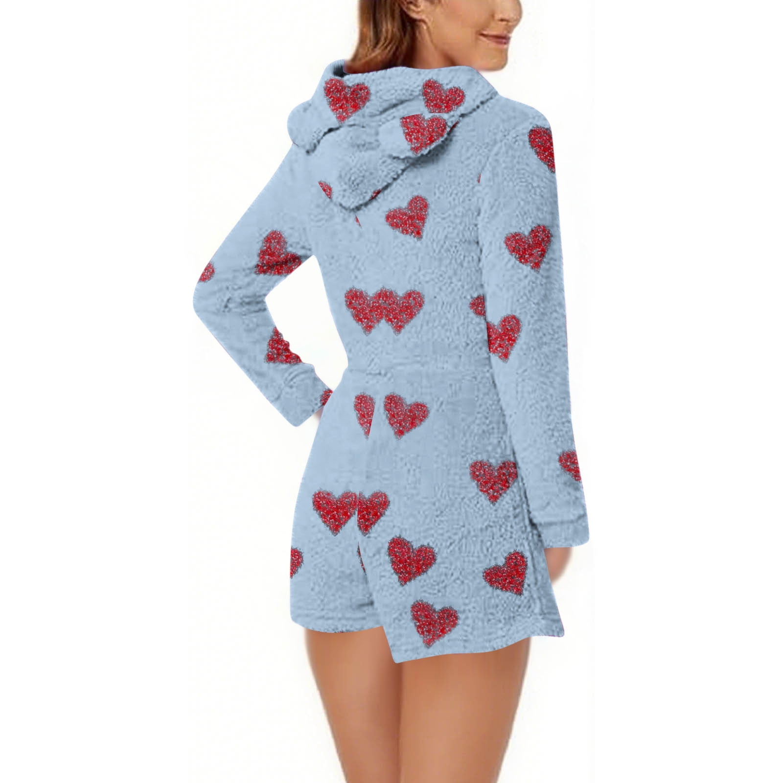 Aobny Valentine's Xmas Pajamas for Women Fleece Sleepwear Blue Long Sleeve Hooded Onesies Shorts Cute Outfits,XXL