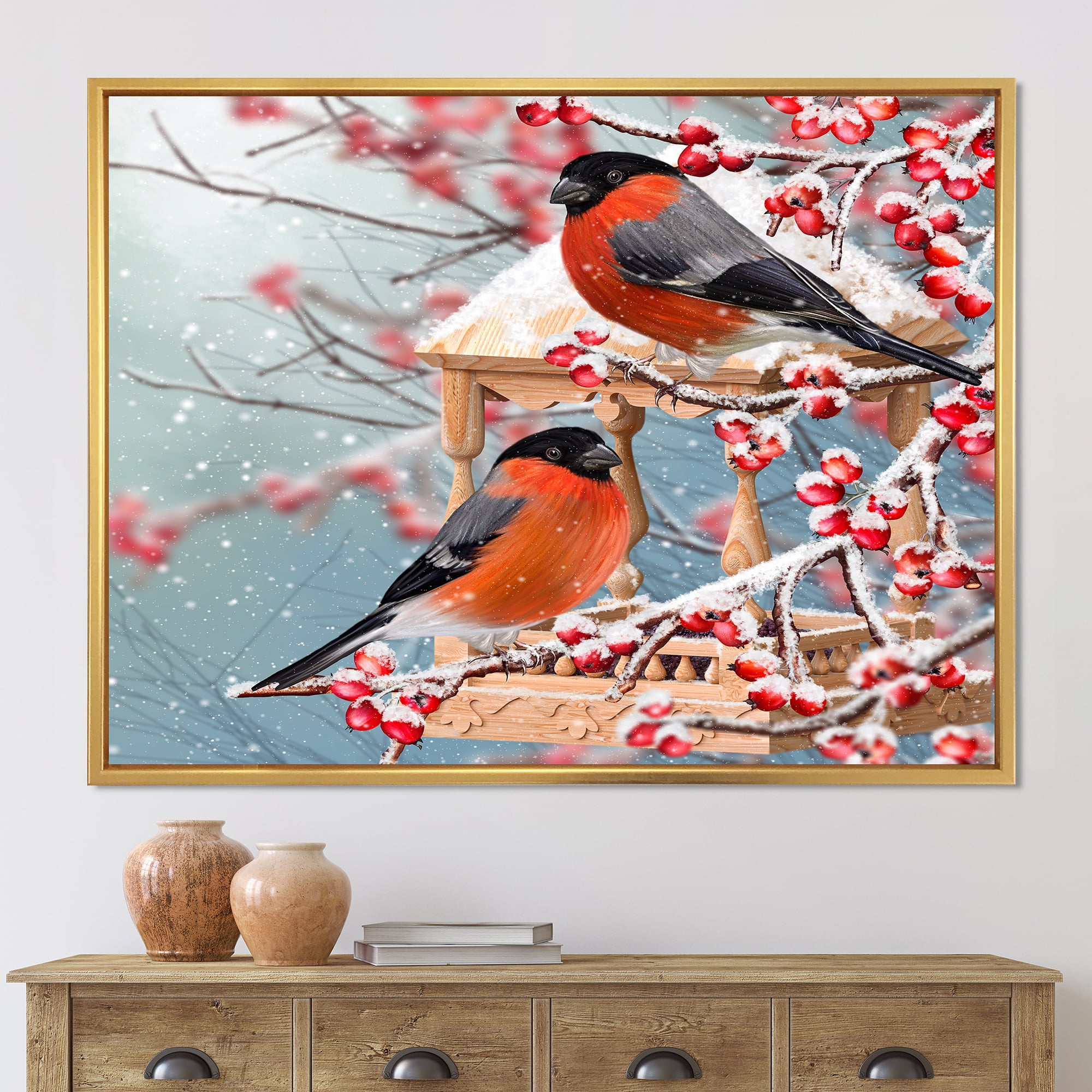 Designart 'Two Tits Sit On A Snow-Covered Berries Branch ' Traditional Framed Canvas Wall Art Print