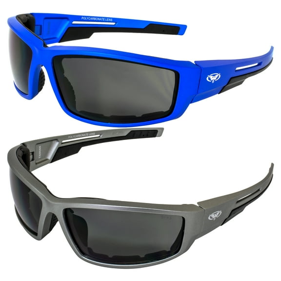 Global Vision Eyewear Sly Padded Motorcycle Sunglasses Riding Glasses 2 Pairs Blue & Grey Metallic Frames Smoke Lenses
