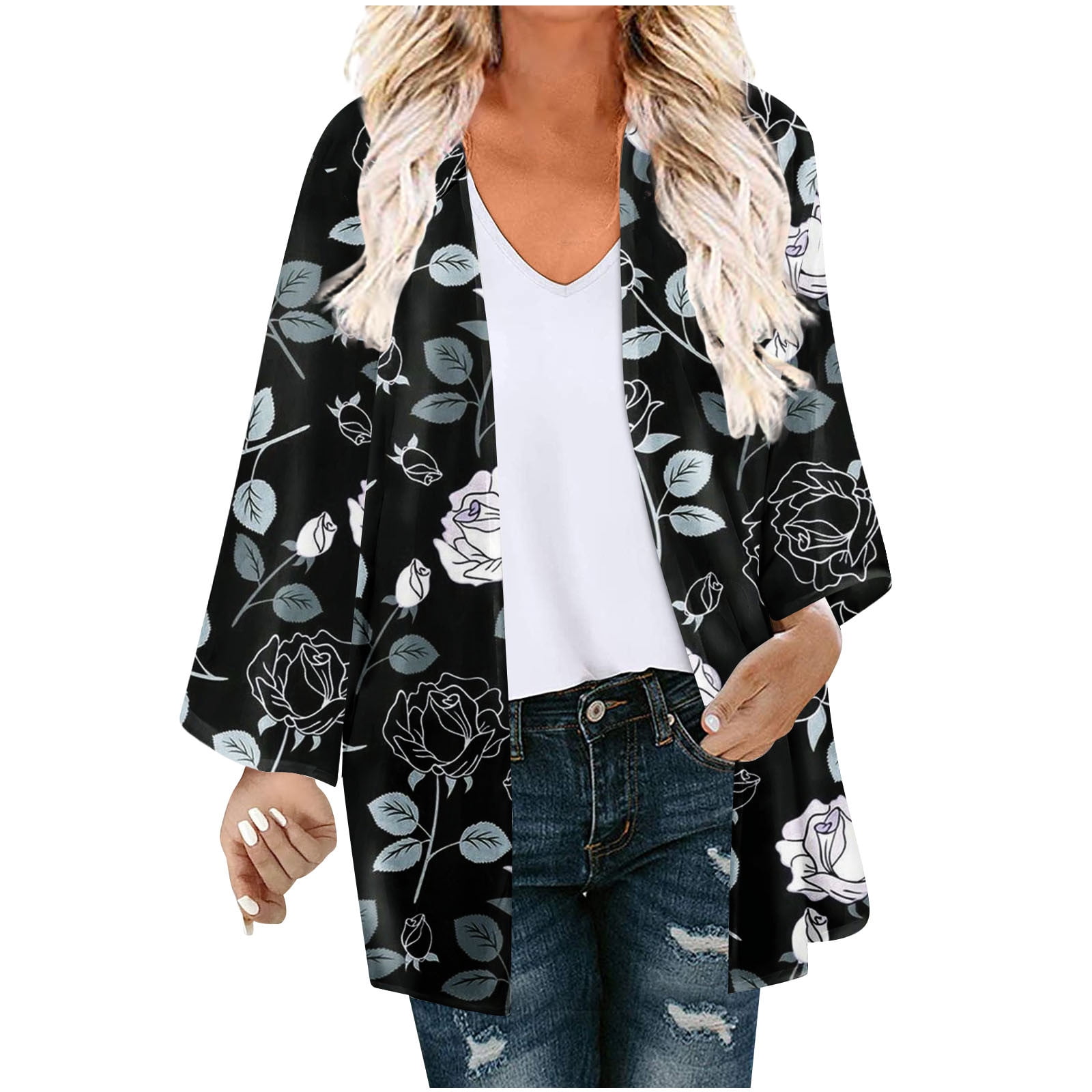Lolmot Women s Floral Print Puff Sleeve Kimono Cardigan Loose Chiffon Cover Up Casual Blouse Tops Black