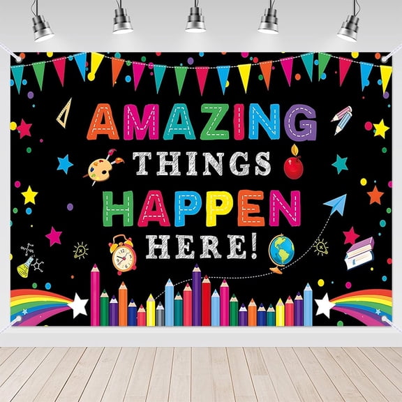 7x5ft Amazing Things Happen Here Backdrop for Classroom Decoration