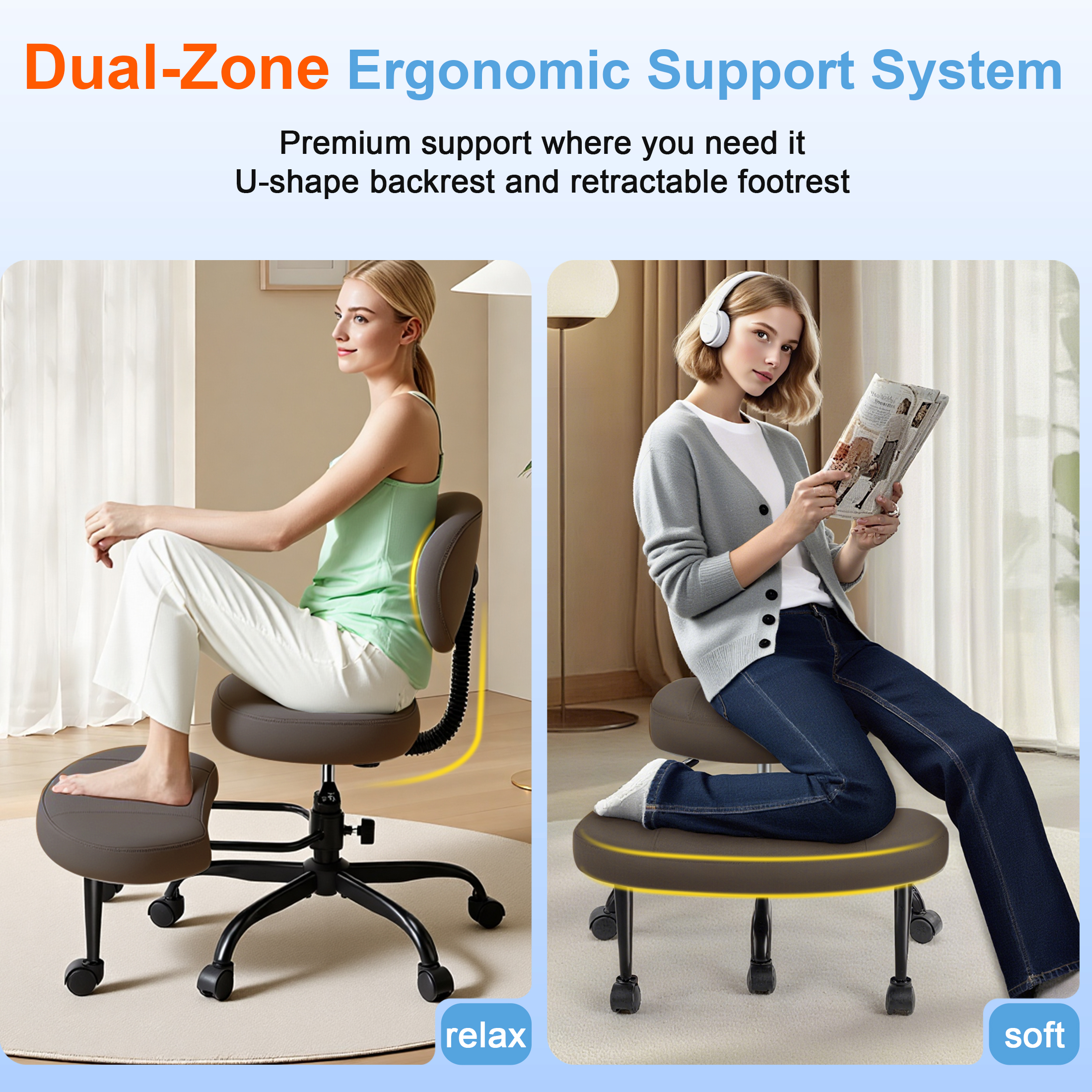 Dhole Kneeling Chair with Backrest - Ergonomic Office Chair for Cross-Leg Sitting, Adjust Height, 360° Rotating Footrest & Wheels, Posture Support for ADHD/Home Office/Meditation, Brown