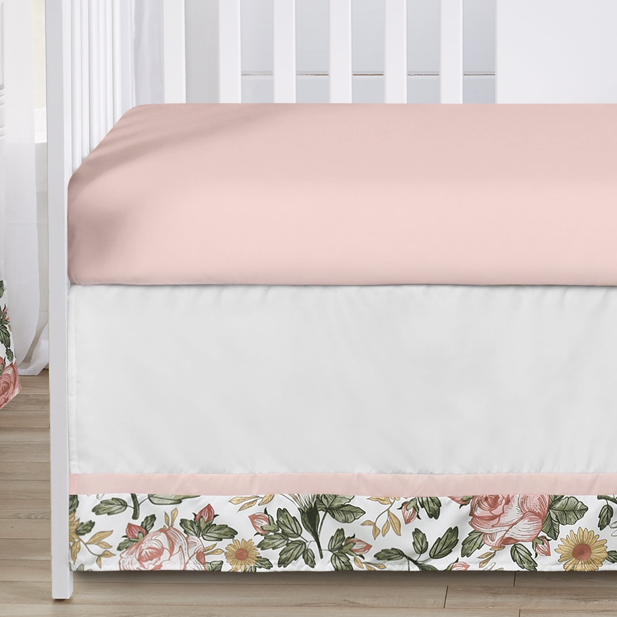 Sweet Jojo Designs Vintage Floral Pink Green and Yellow Crib Bedding + BreathableBaby Breathable Mesh Liner Pad