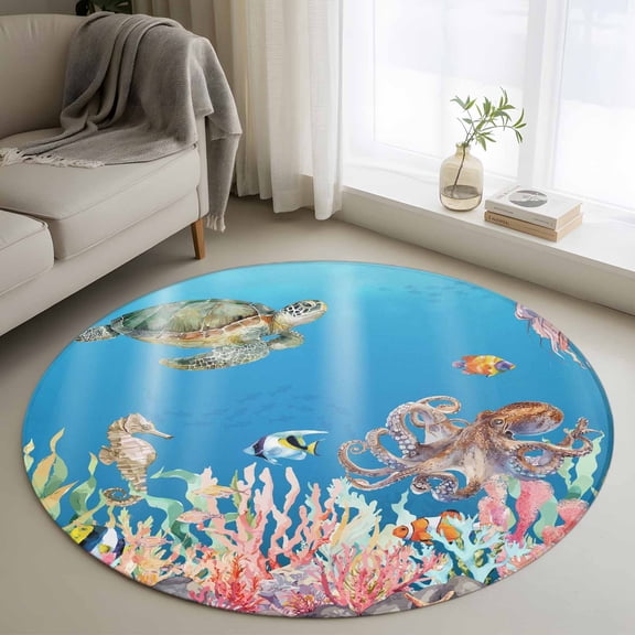 Blue Turtle Coastal Round Area Rug 3.3Ft Washable Circle Rugs for Dining Room Table, Nautical Summer Beach Coral Octopus Jellyfish Non-Slip Carpet Floor Mats Indoor Outdoor Carpet Runner Home Decor