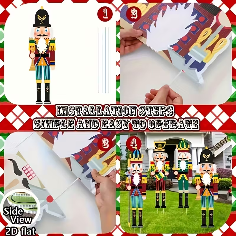 Christmas Nutcracker Yard Stakes, 4-Pack 2D Flat Outdoor Holiday Decorations, Waterproof Garden Lawn Signs for Xmas Porch & Yard Décor